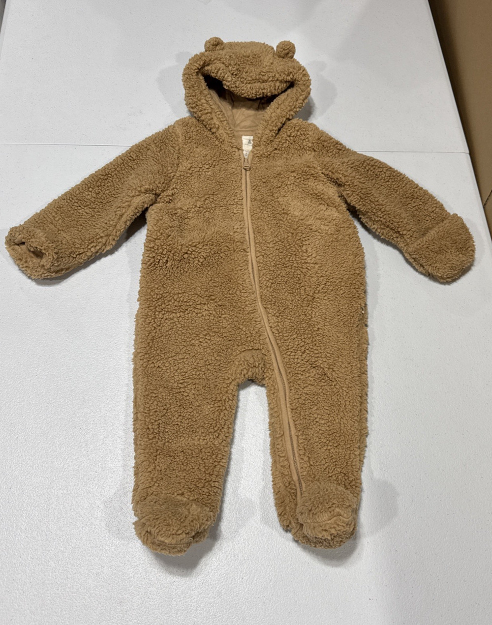 Baby Gap 6-12 Brown Sherpa Hooded Teddy Coverall Footie Bear Ears Outdoor Casua